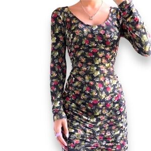 NEW NWT Urban Outfitters Rose Floral Ruched Long Sleeve Bodycon Mini Dress XS